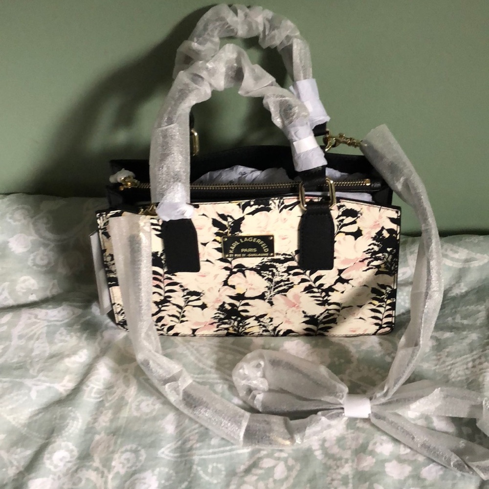 Karl Lagerfeld Paris Black Floral Satchel NWT - Picture 2 of 7